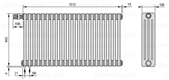 Схема (чертеж) Радиатор Zehnder Charleston 4090/22 №V001 Белый глянцевый RAL 9016